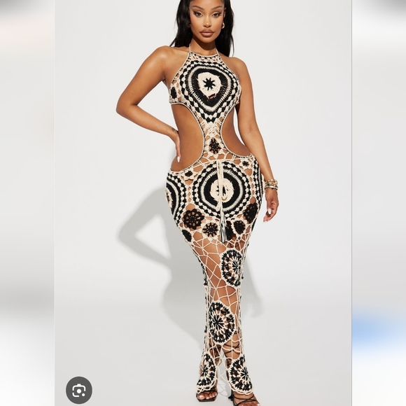 Fashion Nova Dresses & Skirts - NEW!! Lolita Crochet Maxi Dress Fashion Nova. Cream And Black Sexy Cut Out Maxi